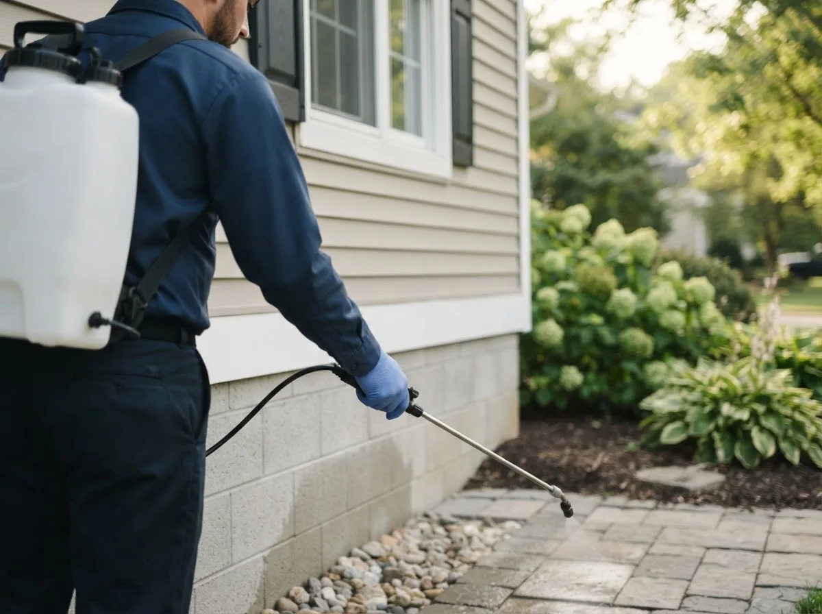 Pest control technician inspecting a home in Allegany, NY